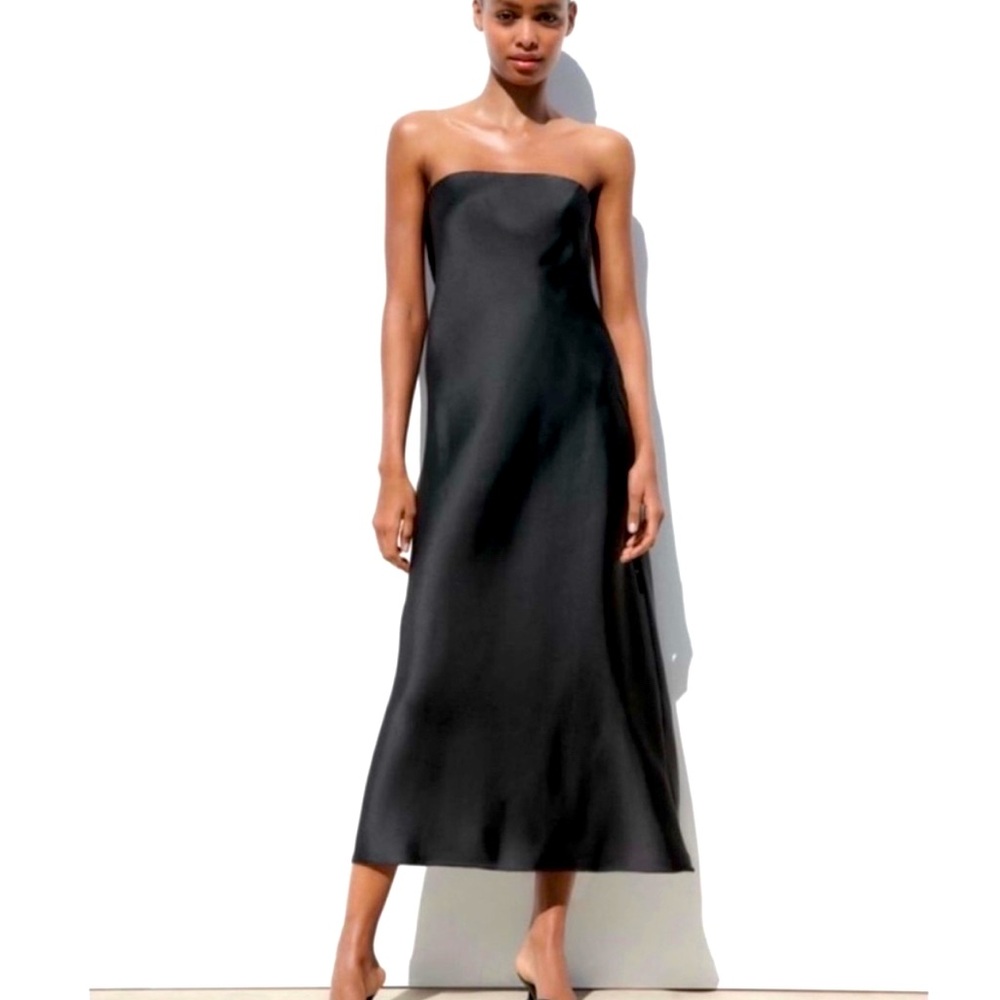 NWOT ZARA Satin Effect Strapless Slip Dress Size Medium Midi Black- 2917/331
